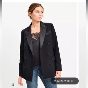 NWOT LOFT Black Satin Trim Relaxed Double Breasted Tuxedo Blazer, 12P